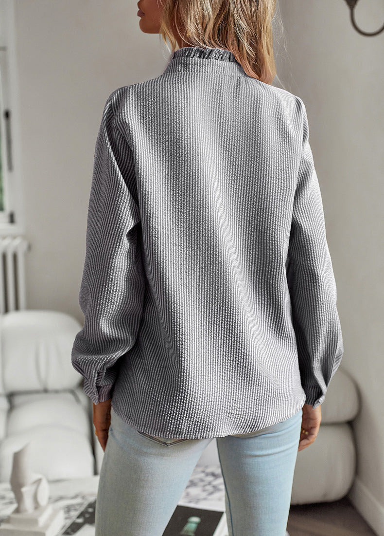Striped Long Sleeve Shirt Fashion Ruffle Design Button Up Tops | Koalakits36