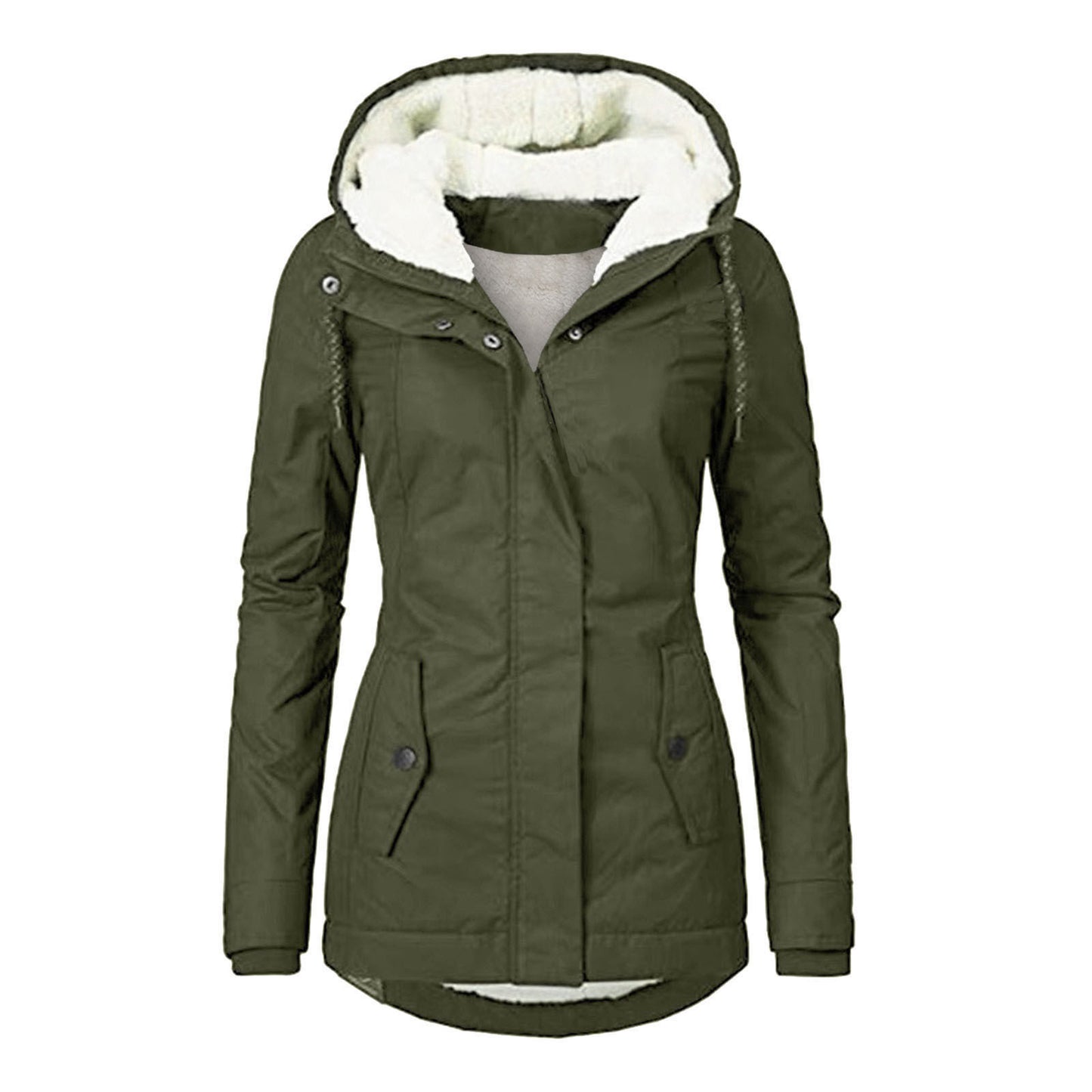 Winter Hooded Jacket Solid Color Warm Buckle Zip-up Fleece Jacket With Pockets Women's Casual Jacket Koalakits36