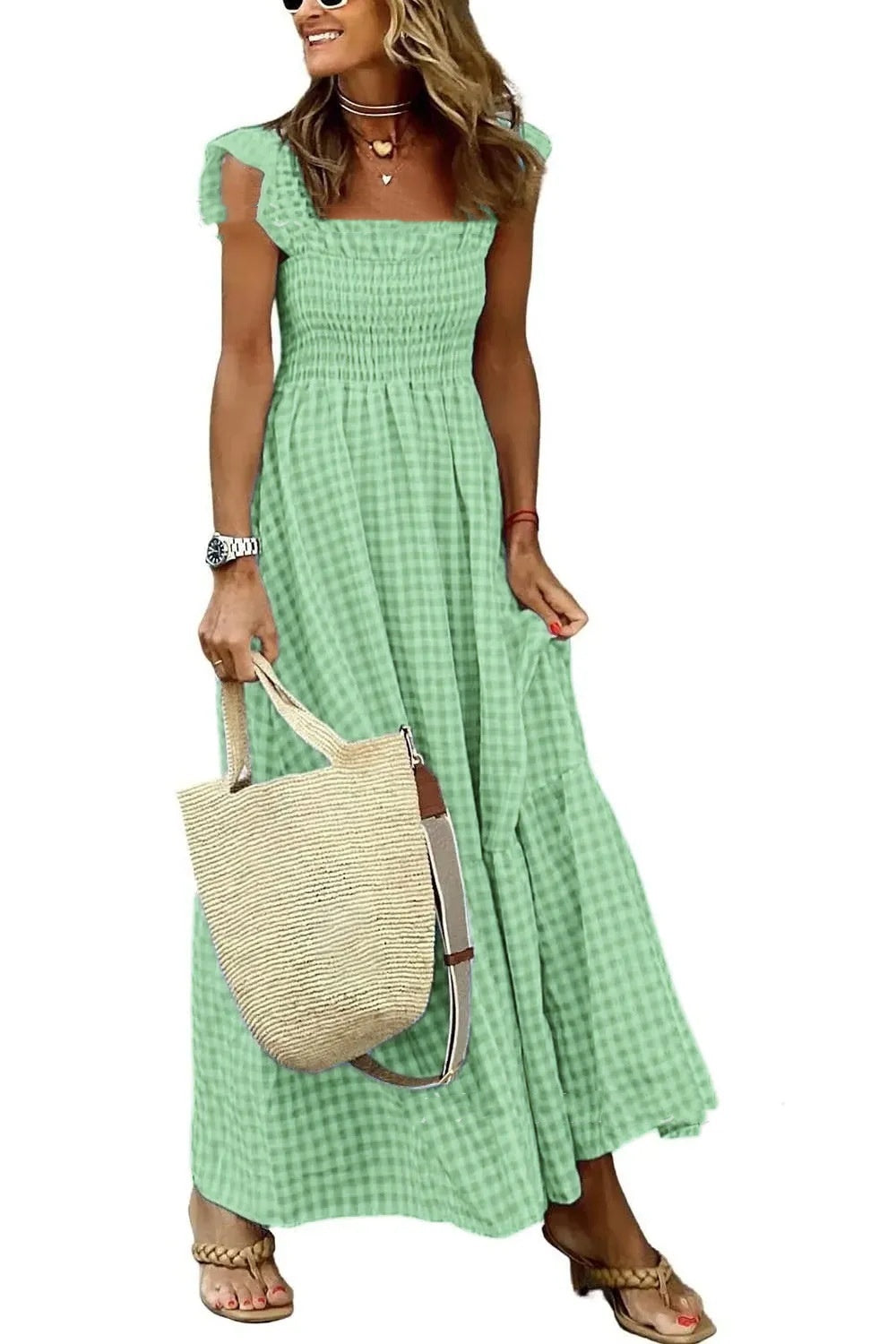 Summer Plaid Print Pleated Ruffle Dress Fashion Sleeveless for Women | Koalakits36