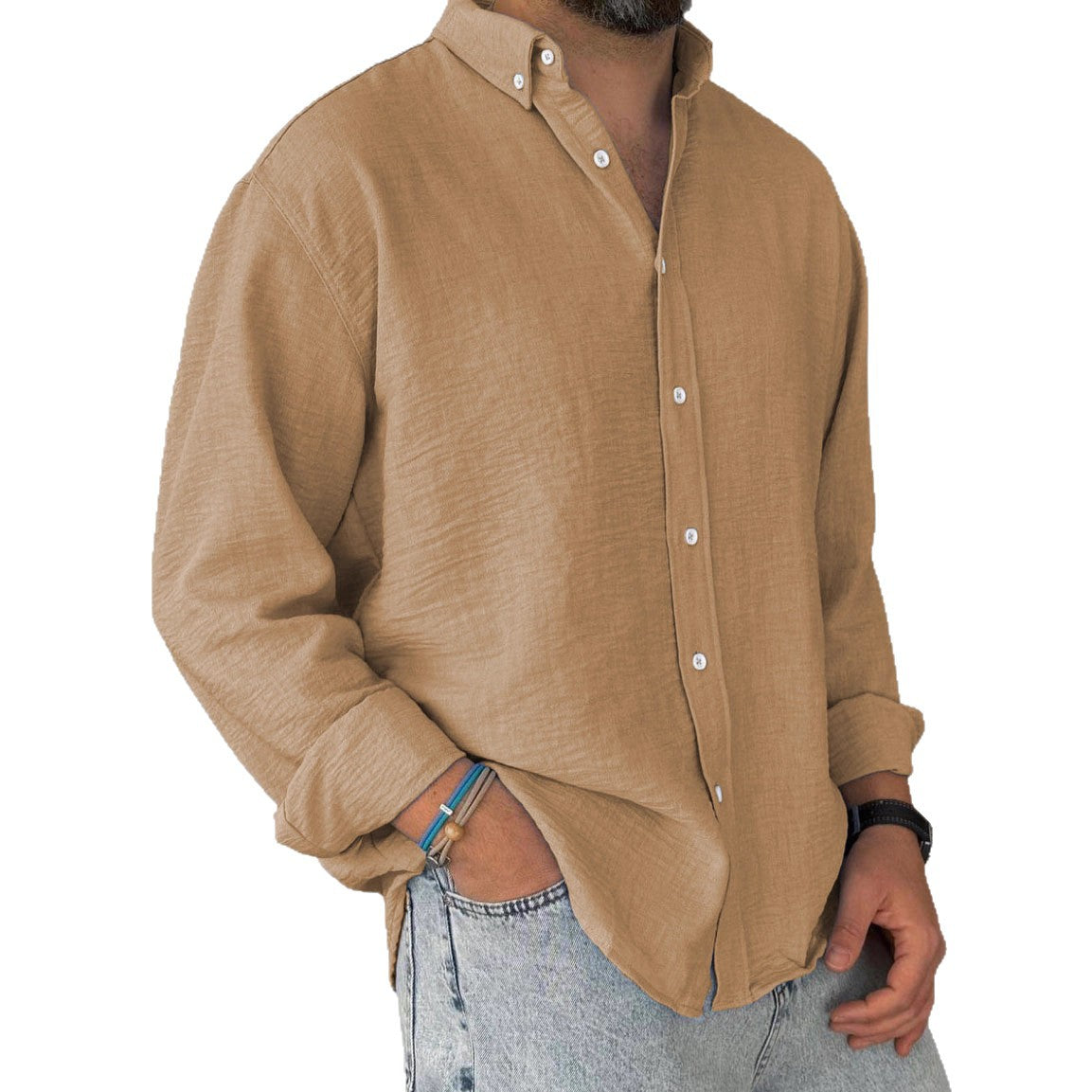 Mens Washed-cotton Long-sleeve Button-down Shirt