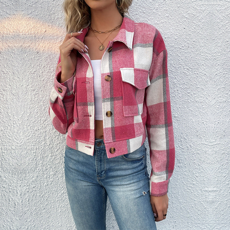 Plaid Lapel Cropped Jacket With Pockets Fashion Button Long Sleeve 