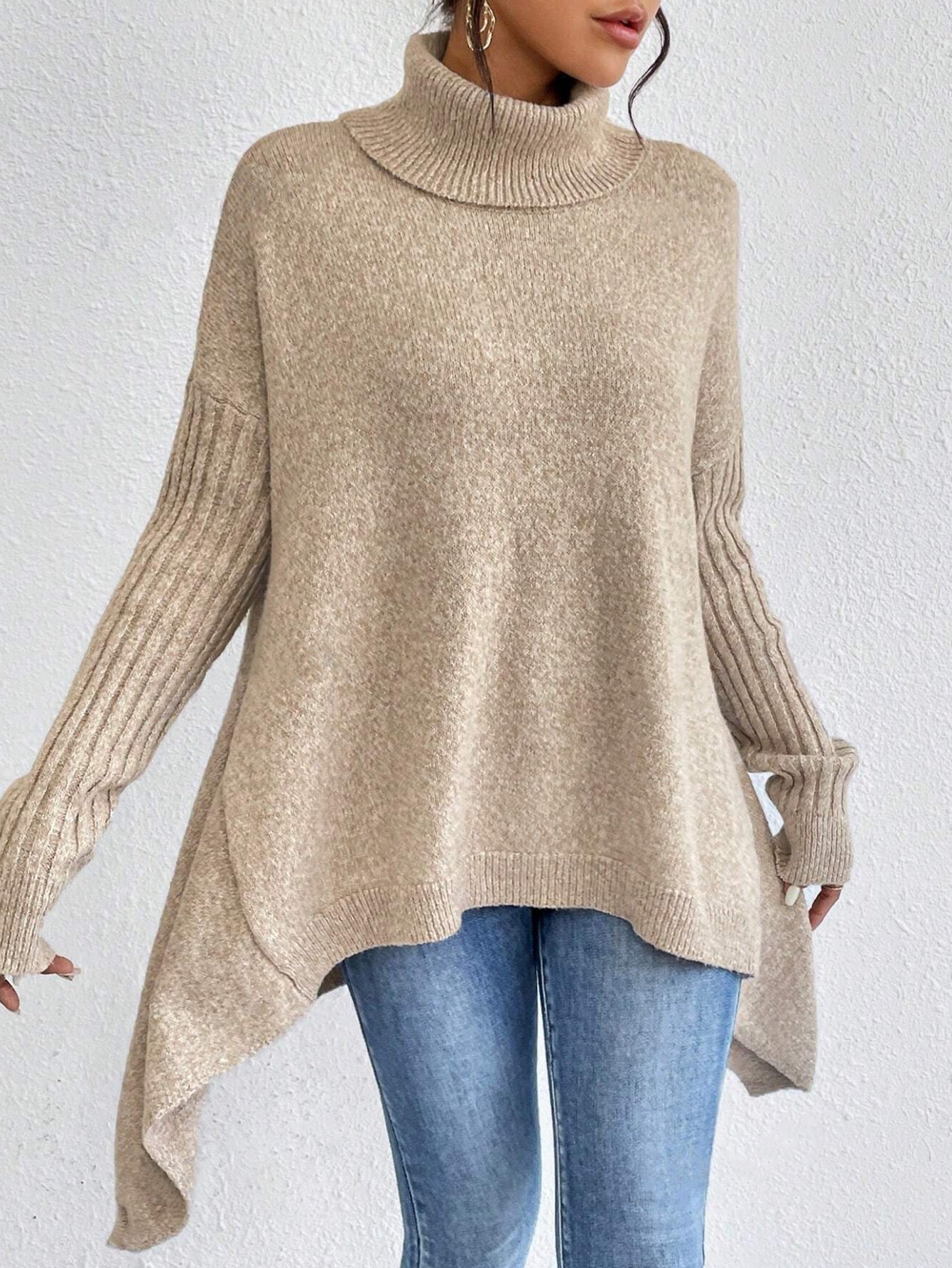 Irregular Turtleneck Sweater Winter Loose Long Sleeve Knitted Tops Leisure Warm Pullover Sweater Koalakits36