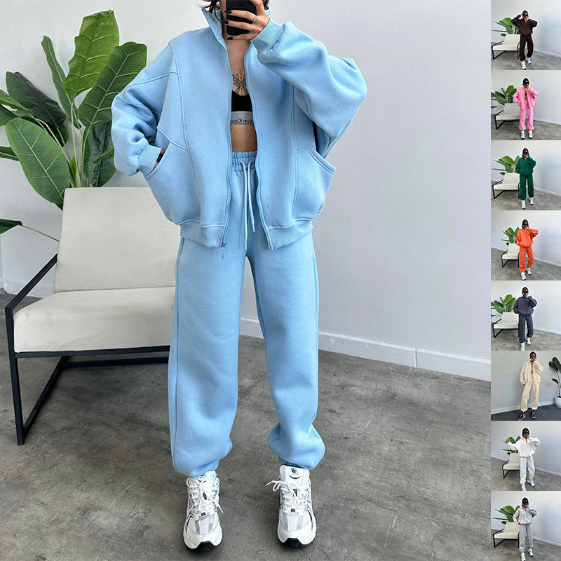 Sports Suits With Pockets Stand-up Collar Zipper Cardigan And Drawstring Trousers Fashion Jogger