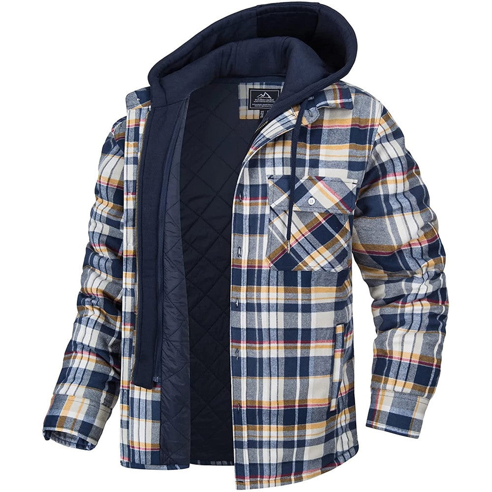 Men's Plaid Hooded Coat Winter Warm Button Zip-up Jacket Fashion Casual Thick Padded Long Sleeves Outerwear Clothing Koalakits36
