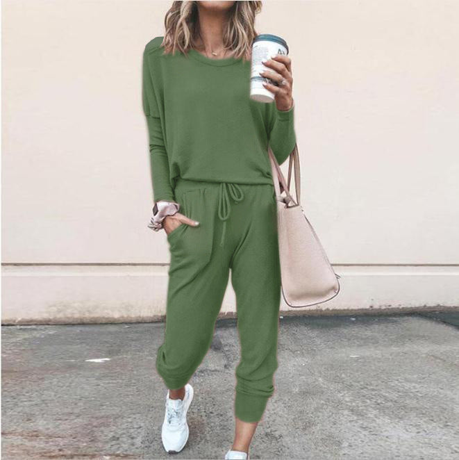 Women's Long Sleeve Suit Fashion Pullover Top And Pockets Drawstring Long Pants Solid Color Casual Sports Trouser Suit Clothing Koalakits36