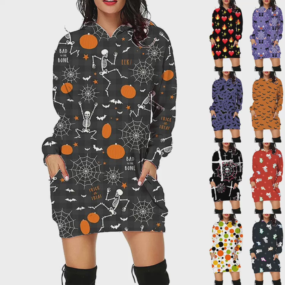 Halloween Print Long Hoodie With Pockets | Koalakits36