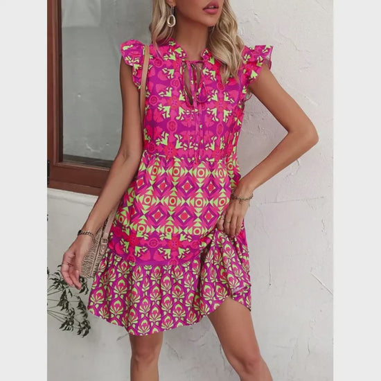 Printed Sleeveless Dress - V-Neck Lace-Up Dresses | Koalakits36