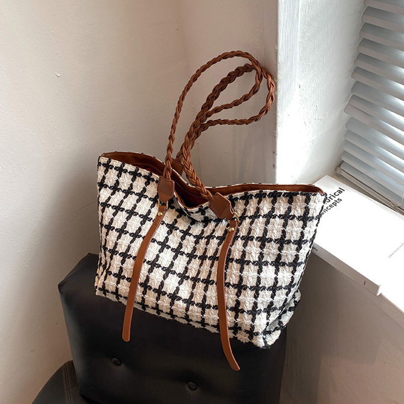 Plaid Totes Woven Shoulder Strap Bags Women Handbag