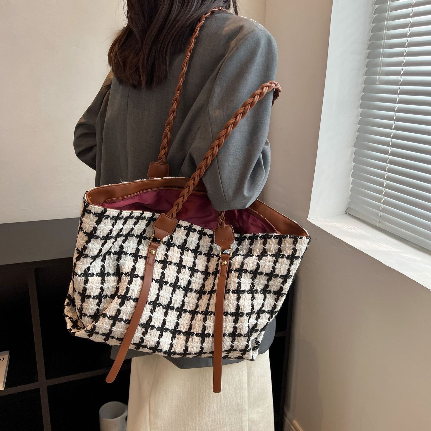 Plaid Totes Woven Shoulder Strap Bags Women Handbag